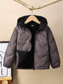 SHEIN 1pc Young Boy Casual Solid Color Hooded Quilted Padded Coat, Suitable For Commuting, School, Daily Leisure, Sports, Fall/Winter Season