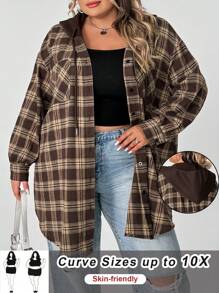 SHEIN CURVE+ 大码女式格子印花抽绳连帽外套，秋装 - 彩色 - 查看 4