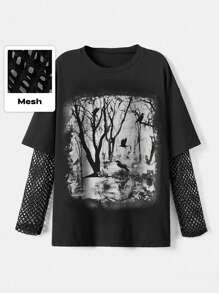 ROMWE Black Gothic Forest Silhouette Printed Mesh Jointed Long Sleeve 2 In 1 T-Shirt, School - Black - View 1