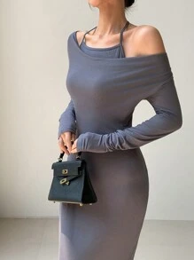 EastFlair 韩国时尚女式性感垂坠领灰色鱼尾连衣裙 - 灰色 - 查看 2