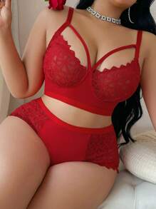 SHEIN 2pcs Plus Size Wireless Contrast Lace Bra Lingerie Set - Red - View 3