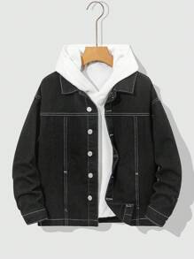 SHEIN 青少年男孩时尚休闲撞色缝线黑色口袋设计牛仔翻领长袖夹克适合日常穿着和秋季儿童服装 - 黑色 - 查看 1
