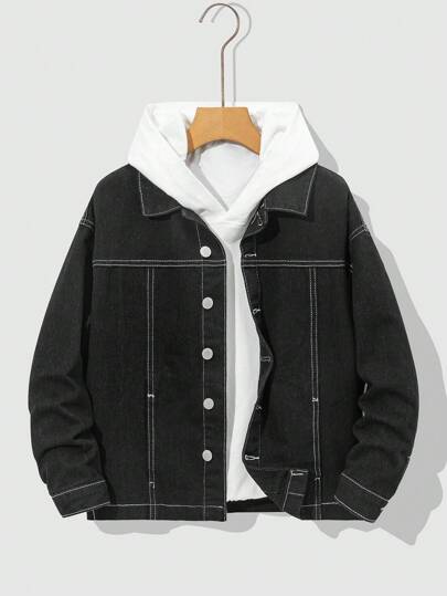 SHEIN Áo khoác denim ve dài tay thời trang cho bé trai tuổi mới lớn màu sắc tương phản thường ngày khâu túi đen thiết kế cho trang phục thường ngày và quần áo trẻ em mùa thu