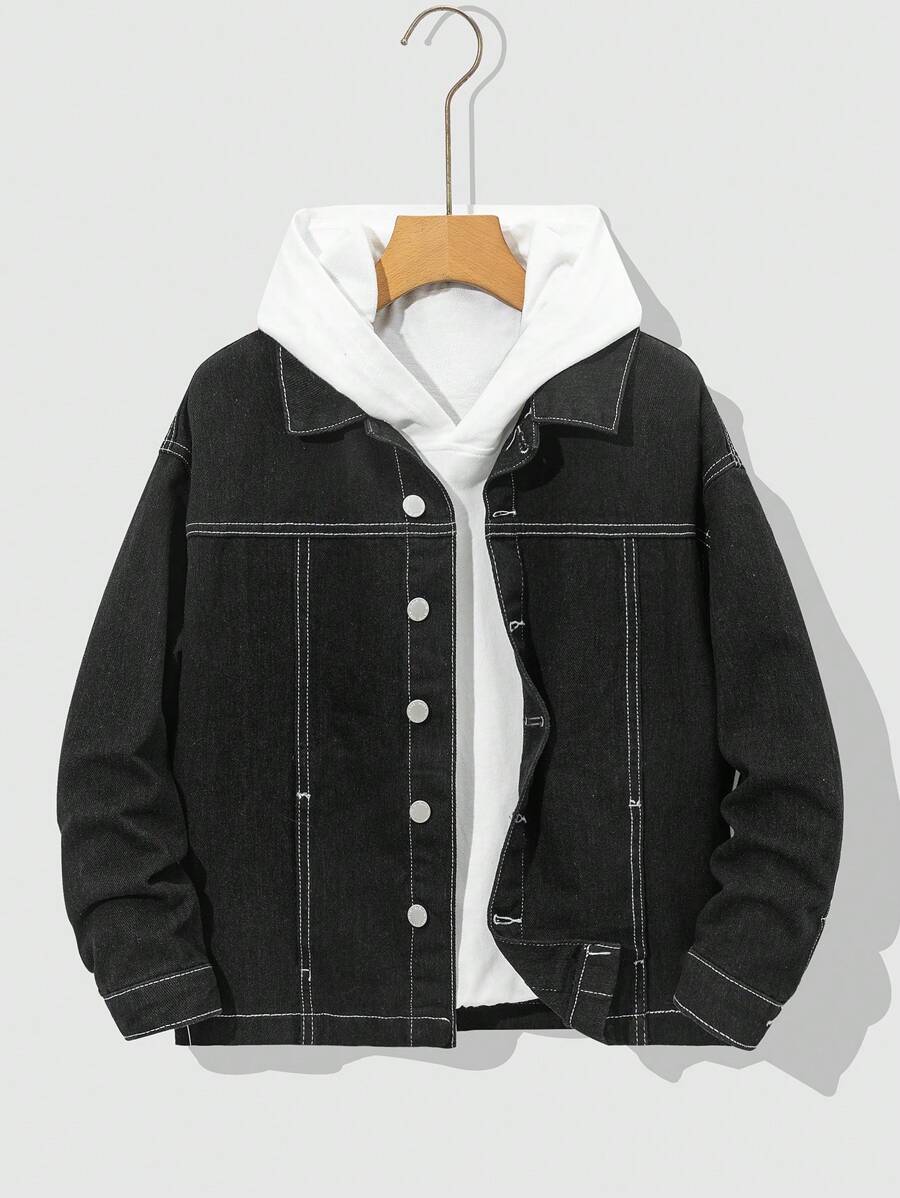 SHEIN 青少年男孩时尚休闲撞色缝线黑色口袋设计牛仔翻领长袖夹克适合日常穿着和秋季儿童服装 - 黑色 - 查看 1