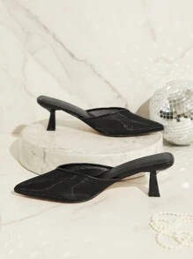 SHUZIA Women Everday Casual Sexy Black Mesh Kitten Heeled Mule Sandals