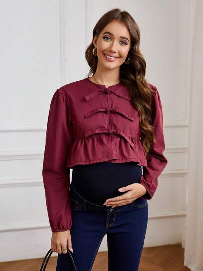 SHEIN Gravid Casual Enfärgad Knyt-midja Beskuren långärmad jeansblus, jeansskjorta, vår/höst