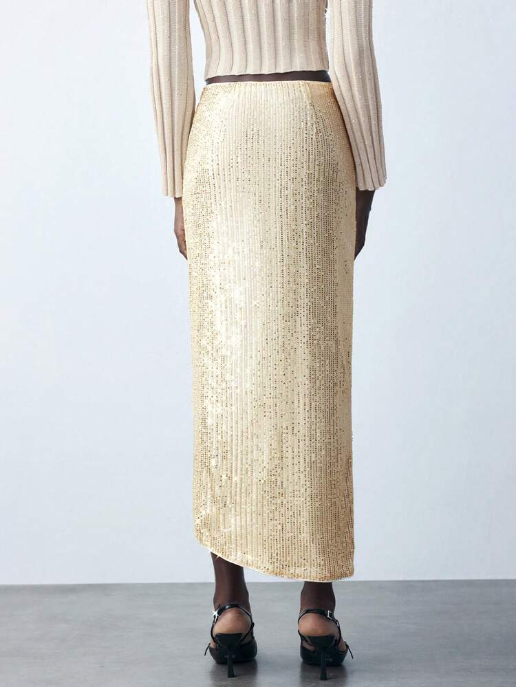 SHEIN Maija Women's Khaki Sequin Solid Color Pleated Skirt For Party