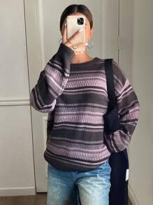 DAZY Suéter casual, suelto, de cuello redondo, de manga larga y con bloques de color a rayas para mujer, Tops de manga larga