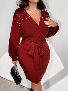 Celure Plus Size Elegant Beaded Batwing Sleeve Sweater Dress, Spring & Autumn, Winter