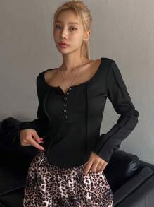 DAZY 女士修身半拉链保暖抓绒T恤长袖上衣，秋季女装，冬季 - 黑色 - 查看 7