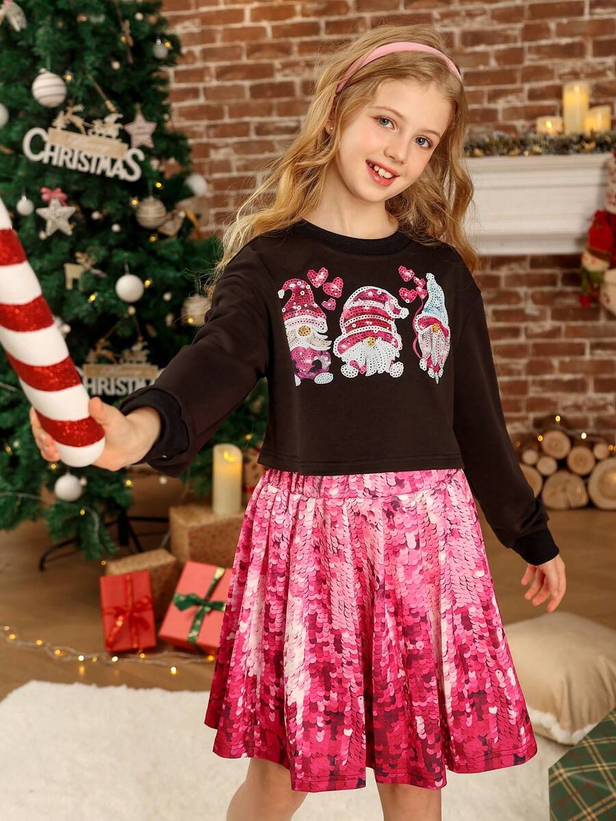 طقم فتيات تويني 2قطعة، ملابس علوية بأكمام طويلة ياقة مستديرة مزين بترتر وتنورة كاجوال بسيطة - متعدد الألوان - مشاهدة 1