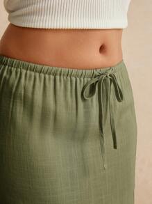 Poéselle 女士半身裙，及地长裙，腰部系带，可爱半身裙，低腰半身裙 - 橄欖綠 - 查看 3