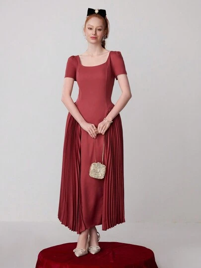 SHEIN Belle 女士素色簡約日常短袖晚禮服（厚款）