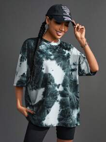 Streetz SHEIN Sport Tie-Dye Print Short Sleeve Active T-Shirt - Dark Green - View 6