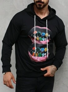 Manfinity EMRG Men's Autumn/Winter Lip Print Drawstring Hooded Sweatshirt, Graphic Sweatshirt, Winter Men Clothes - Black - View 6