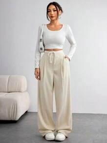 SHEIN BASICS 2 chiếc quần ống đứng lưng cao dệt trơn rộng rãi cho nữ - Nhiều màu - Xem 7