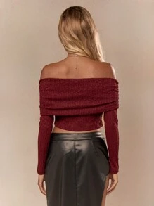 MISSGUIDED Transparentes Mesh-Spitzen-Gerafftes Off-Shoulder Langarm Crop Top für Weihnachten