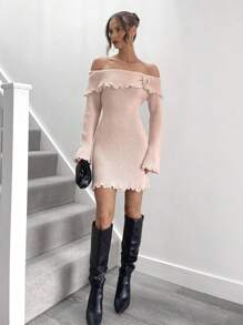 Chiquease Đầm suông dài tay đơn giản trễ vai màu trơn đơn giản - Màu Khaki - Xem 4