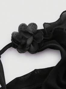 SHEIN MOD Romantic Black Ruffle Edge Ribbon And 3D Flower Tie Neck Top Women Tops Concert Sexy - Black - View 3