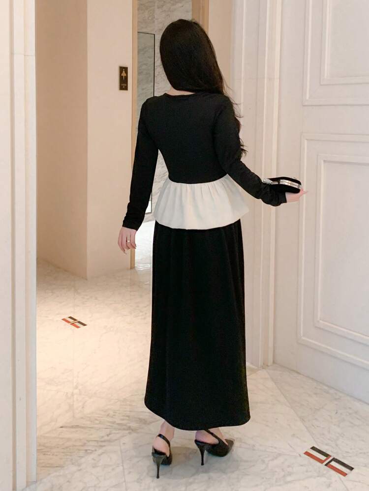 2pcs Women's Contrast Color Patchwork Ruffle Hem Long Sleeve Top And Solid Color Skirt Set,Fall Clothes