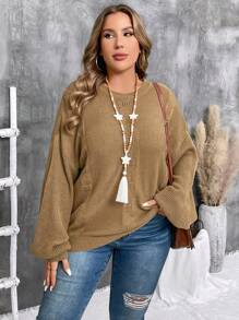 EMERY ROSE Suéter de mujer talla grande grande de color amarillo marrón con patrón de punto de cable holgado y suelto, ropa de mujer occidental, ropa de invierno - Marrón - Ver 3