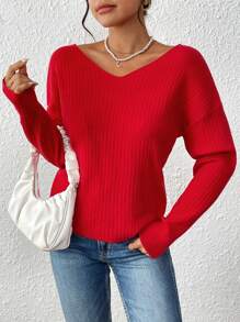 SHEIN Clasi Women's Red Faux Pearl Chain Neck Twist Back Knitted Long Sleeve Sweater,Long Sleeve Tops In Fall/Winter - Red - View 4