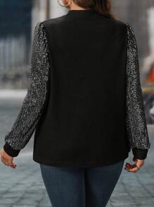 Plus Size Women's Solid Color Patchwork Long Sleeve Sequins Decorated Casual Top Fall Cloth For Women - Black - View 2