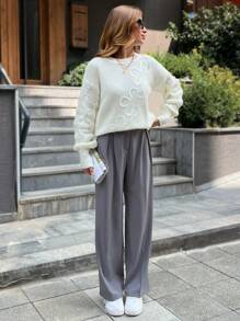 EURMUSE Damen Strickpullover in Passform mit Stickerei, warm für den Winter - Weiss - Übersicht 4