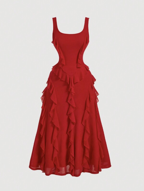 SHEIN MOD Fall Solid Color Loose Fit Strap Ruched Flounce Hem Cami Midi Dress,Asymmetrical Hem Cami Red Multi-Layered Lotus Leaf ,Western ,