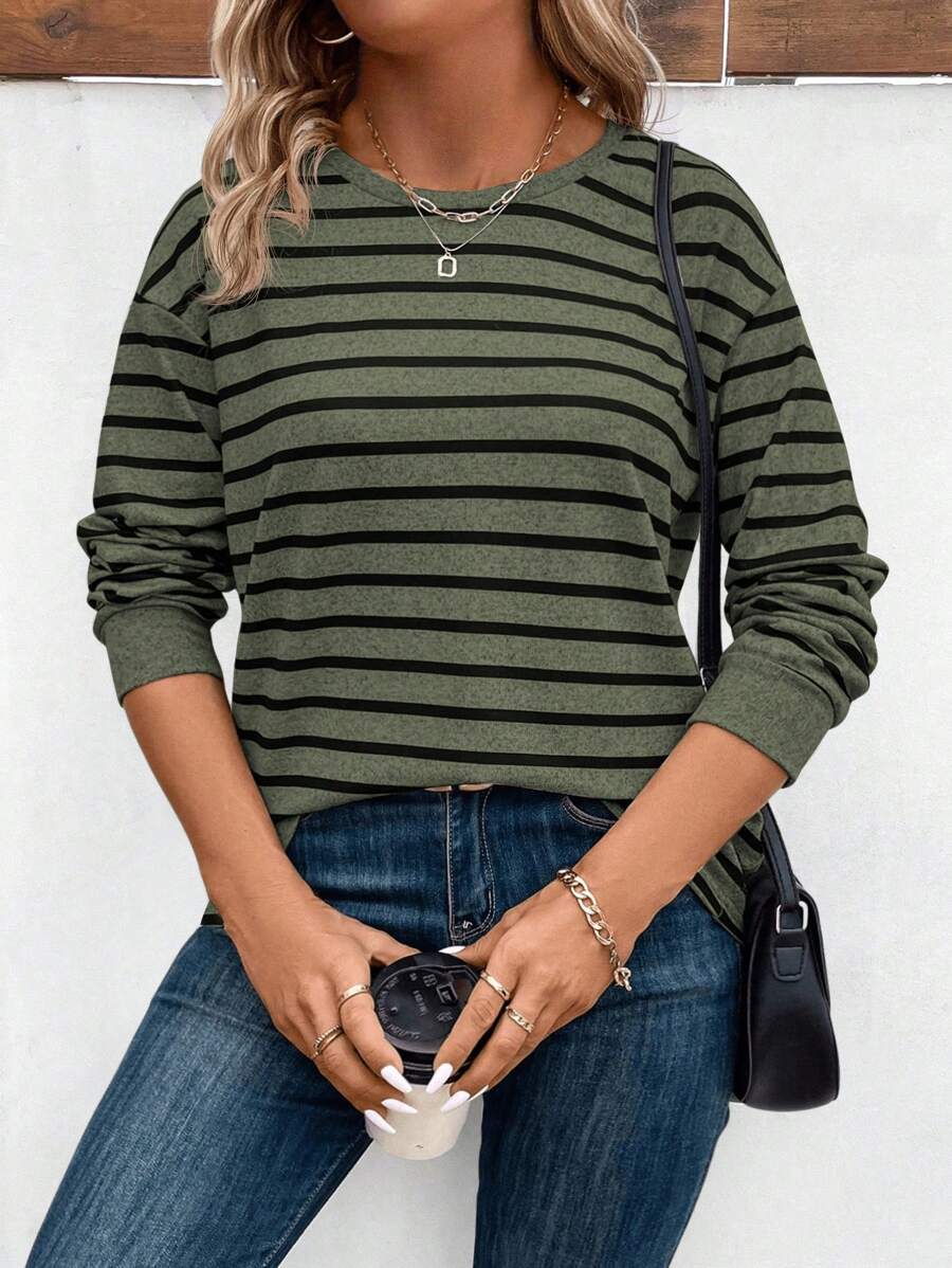 INAWLY 大码休闲圆领长袖条纹 T 恤，秋冬季，适合感恩节 - 軍綠色 - 查看 1