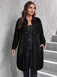 SHEIN ICON Women's Plus Size Solid Color Simple Daily Long Sleeve Denim Jacket, Fall Women Clothes - Black - View 6