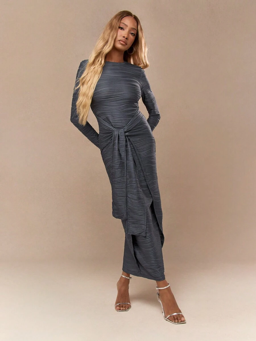 MISSGUIDED 纹理裹腰结饰长袖长裙 - 棕色 - 查看 1