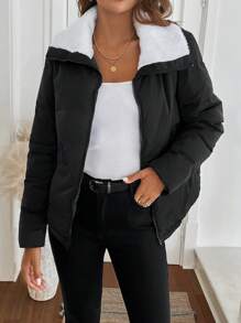 SHEIN LUNE 1pc Women's Black Casual Lune Down& Feathers Coat, Winter,Basic Top,Travel Outfit Airport