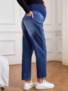 Maternity Contrast Patchwork High Waist Ripped Denim Jeans - Medium Wash - View 2