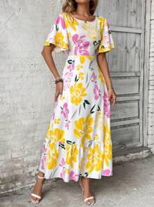 Breezaya Women's French Style Floral Print Ruffle Sleeve Round Neck Dress Maxi Vacation Beach Outfit - Multicolor - View 6
