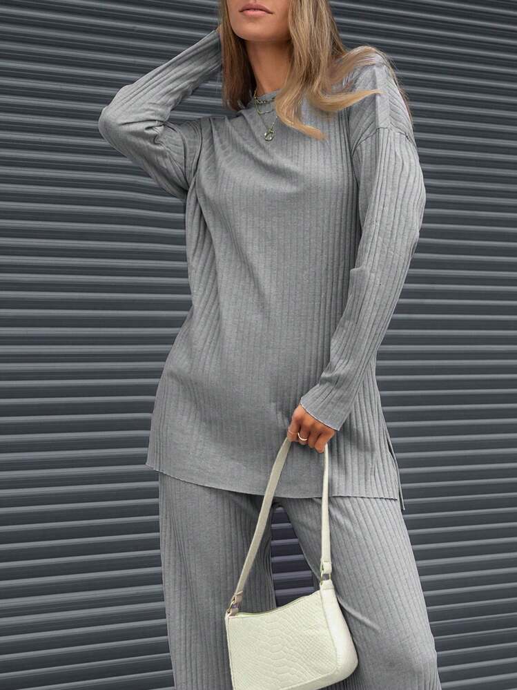 EURMUSE 100% Cotton 2pcs Women Plain Crew Neck Split Hem Long Sleeve Top And Pants Casual Set - Grey - View 4