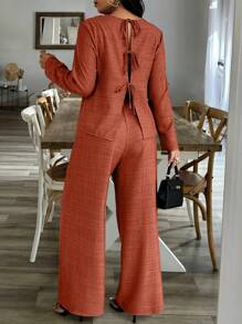 SHEIN Unity Plus Size Fall Casual Lace-Up Back Long Sleeve Top & Wide Leg Pants 2 Pieces Set - Redwood - View 4