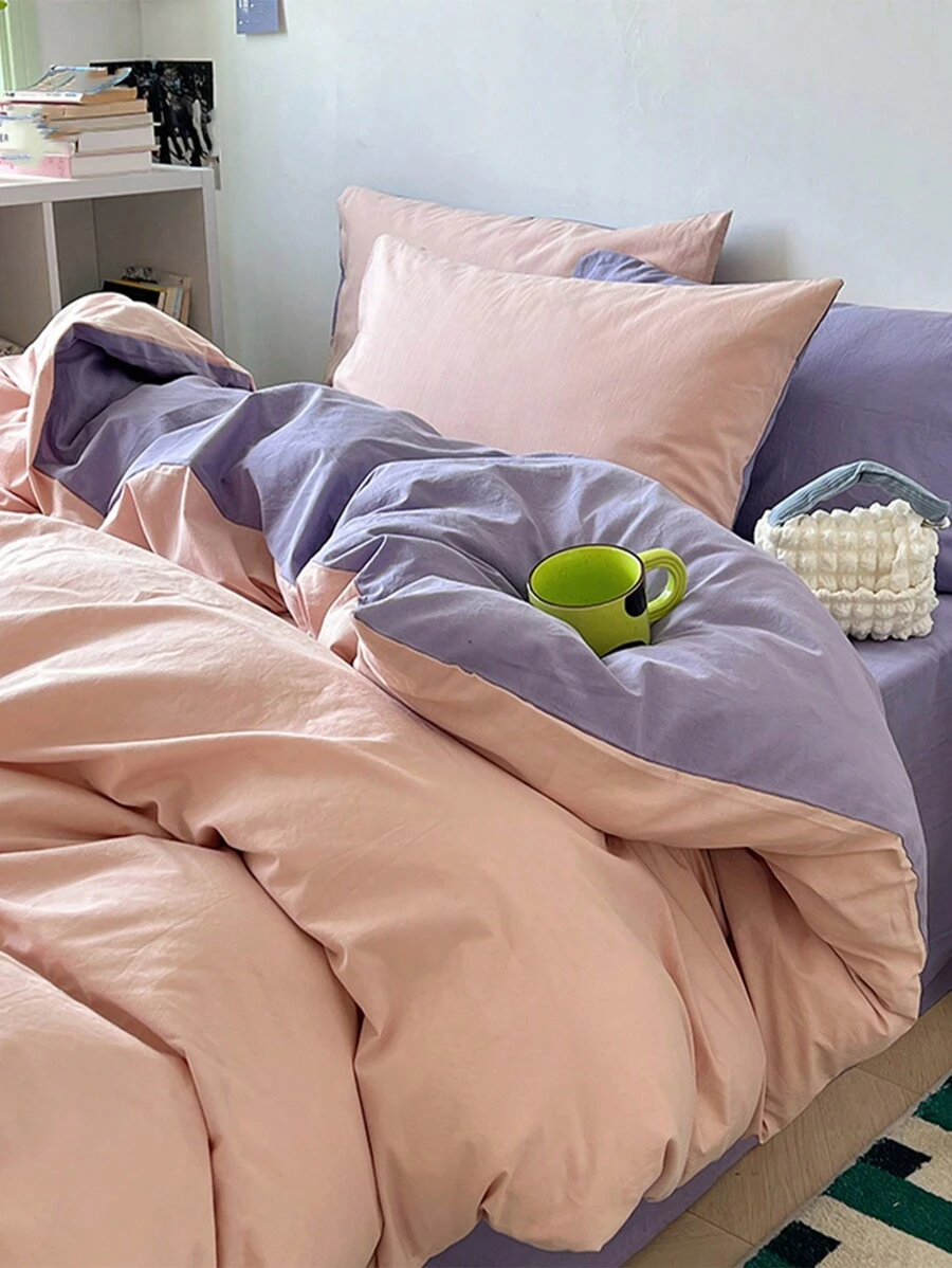 Conjunto de 3 peças de edredom para quarto com 1 fronha rosa claro e 1 fronha roxa escura, conjunto de cama supermacio com capas laváveis, sem enchimento