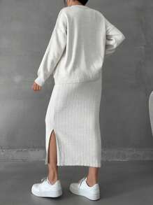 SHEIN Cottnline Women Solid Color Round Neck Drop Shoulder Pullover & Sweater Skirt Set - Beige - View 3