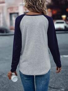 SHEIN LUNE Áo thun nữ dài tay cổ tròn phối màu đơn giản, phong cách thường ngày, thích hợp cho mùa xuân và thu. - Màu xanh hải quân - Xem 2