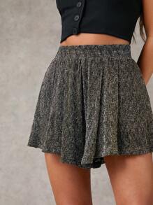 SHEIN BAE Women Metallic Pleated Elastic Waist A-Line Mini Shorts, Minimalist, Club - Black - View 4