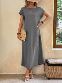 EMERY ROSE 女式夏季纯色圆领蝙蝠袖休闲长款连衣裙 - 灰色 - 查看 3