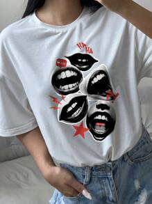STROM NIGHT Áo thun tay ngắn cổ tròn họa tiết đôi môi, miệng, ngôi sao, biểu tượng, hip hop, punk, y2k, phong cách đường phố dành cho nữ - trắng - Xem 5