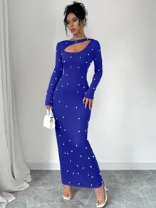 Elenzga Đầm ôm cổ chéo đính ngọc trai thanh lịch, mùa thu - Xanh đậm - Xem 5