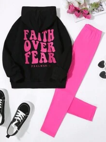 SHEIN 2 件套 Tween Girl 休闲字母印花宽松连帽长款运动衫和修身打底裤套装 - 黑色 - 查看 1