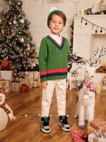 Young Boys Casual V-Neck Striped Patchwork Knitted Long Sleeve Sweater - Green - View 3