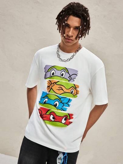 TEENAGE MUTANT NINJA TURTLES | SHEIN Men's Casual Cartoon Turtle Print Short Sleeve White T-Shirt, Summer