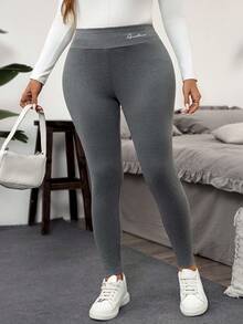 SHEIN LUNE 大码女式字母印花松紧腰加厚休闲紧身裤 - 深灰色 - 查看 4