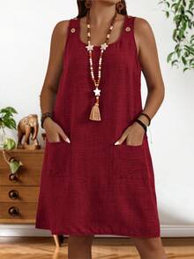 EMERY ROSE Đầm ngắn giản dị màu trơn dây đeo rộng cỡ lớn cho nữ mùa hè - Đỏ - Xem 6