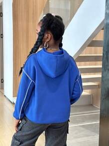 SHEIN Tween Girl 街头服饰休闲连帽运动衫 - 藍色 - 查看 2